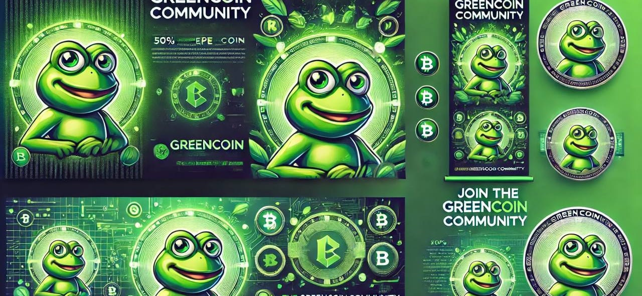 A vibrant and futuristic GreenCoin banner featuring a sleek, eco-friendly design. The artwork highlights the fusion of crypto