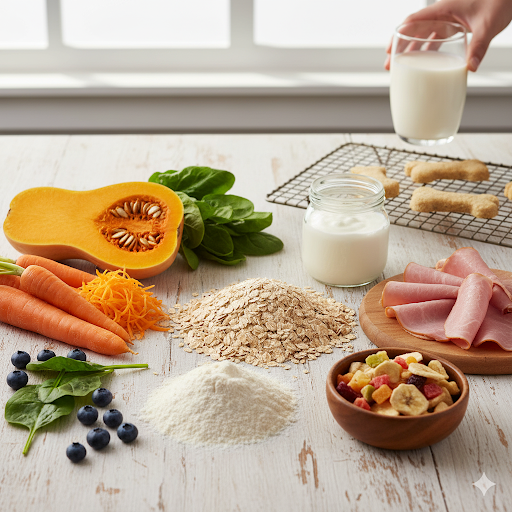 Ingredienti naturali Pappa & Coccole® come carote, zucca e farina, disposti su un tavolo di legno