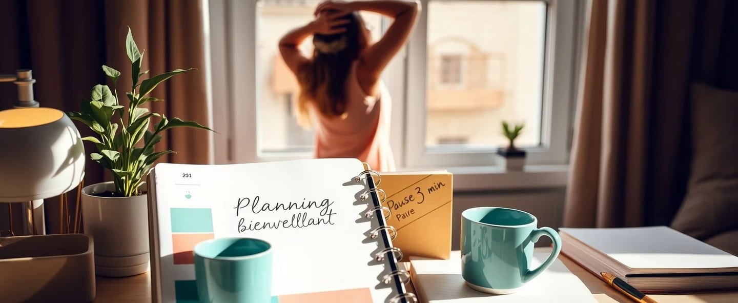a woman standing in front of a window with a notebook and a cup of coffee