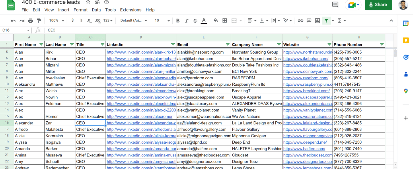 E-commerce store leads list