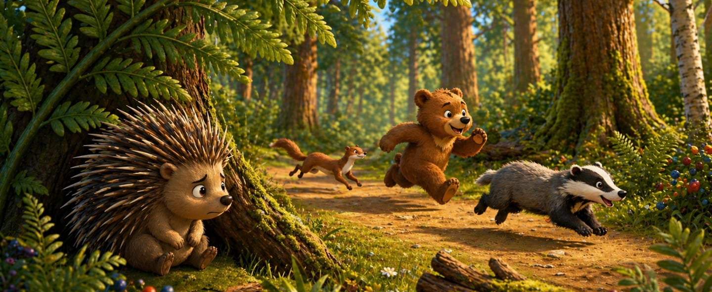 Cute 3D animated forest animals including a bear, badger, and squirrel running through a sunlit woodland.