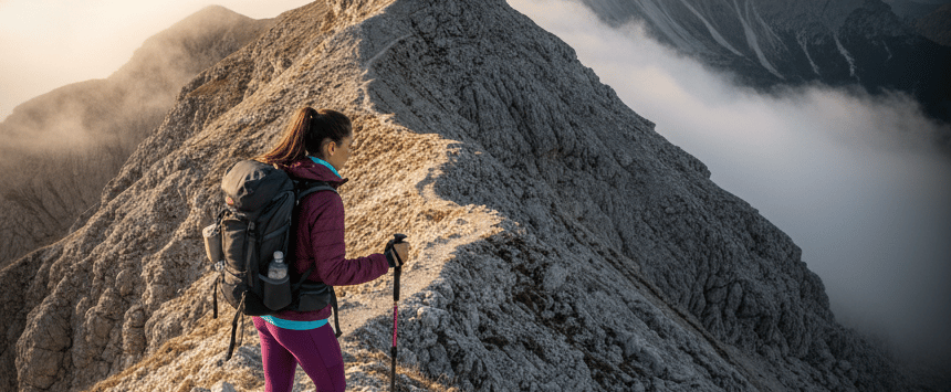 a woman with backpack on a mountain trekking and hiking experience