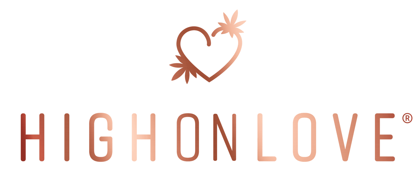 The photo shows the logo of HighOnLove Brand, written in rose gold letters, with a heart above the letters.