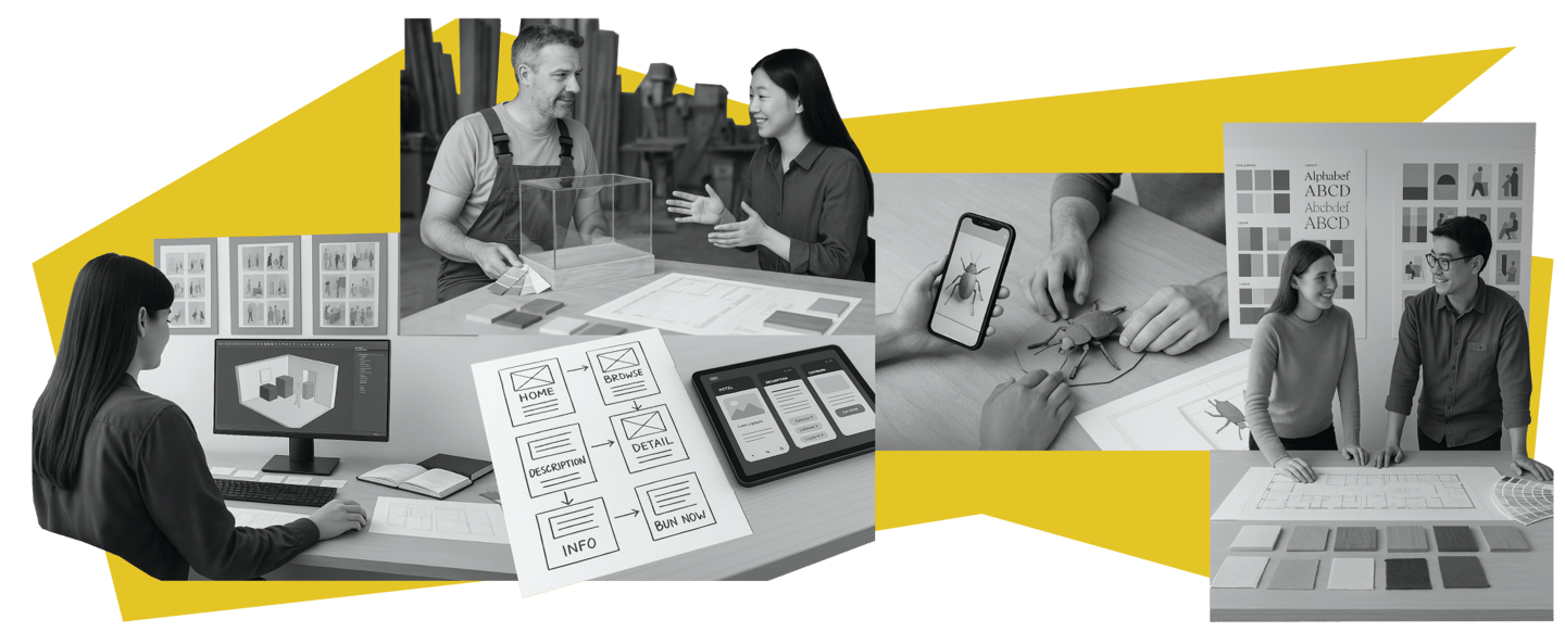 Team members prototype exhibition designs with digital tools, sketches, and material samples.