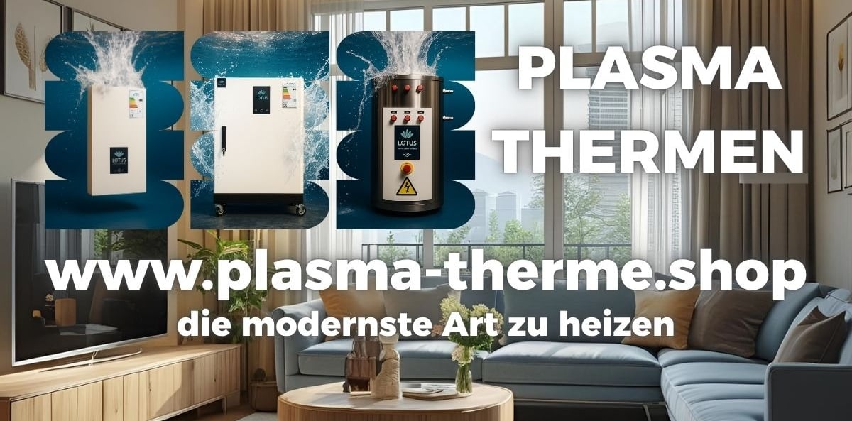 Werbebanner für Utet Lotus Plasma-Thermen: Drei Heizgeräte vor modernem Wohnzimmer, mit Text ‚Plasma Thermen – www.plasma-the