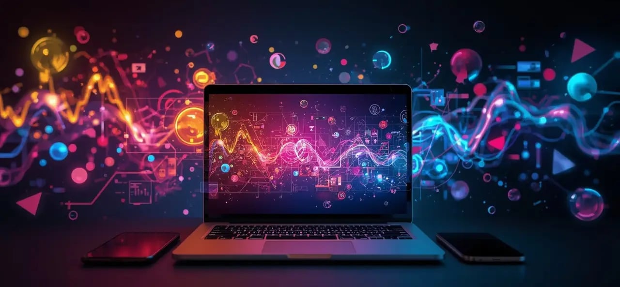 Imagem de aprendizado digital com laptop, livros e elementos de estudo minimalistas.