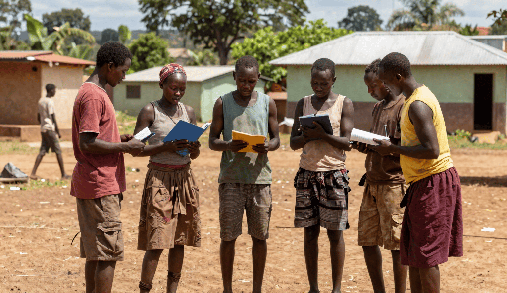A group of Malagasy villagers smiling warmly during a community meeting outdoors.