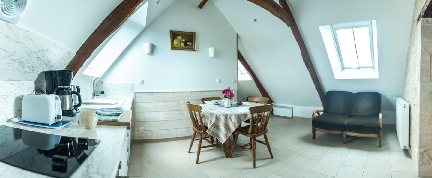 Panorama d'un salon - cuisine ensoleillé tout équipé