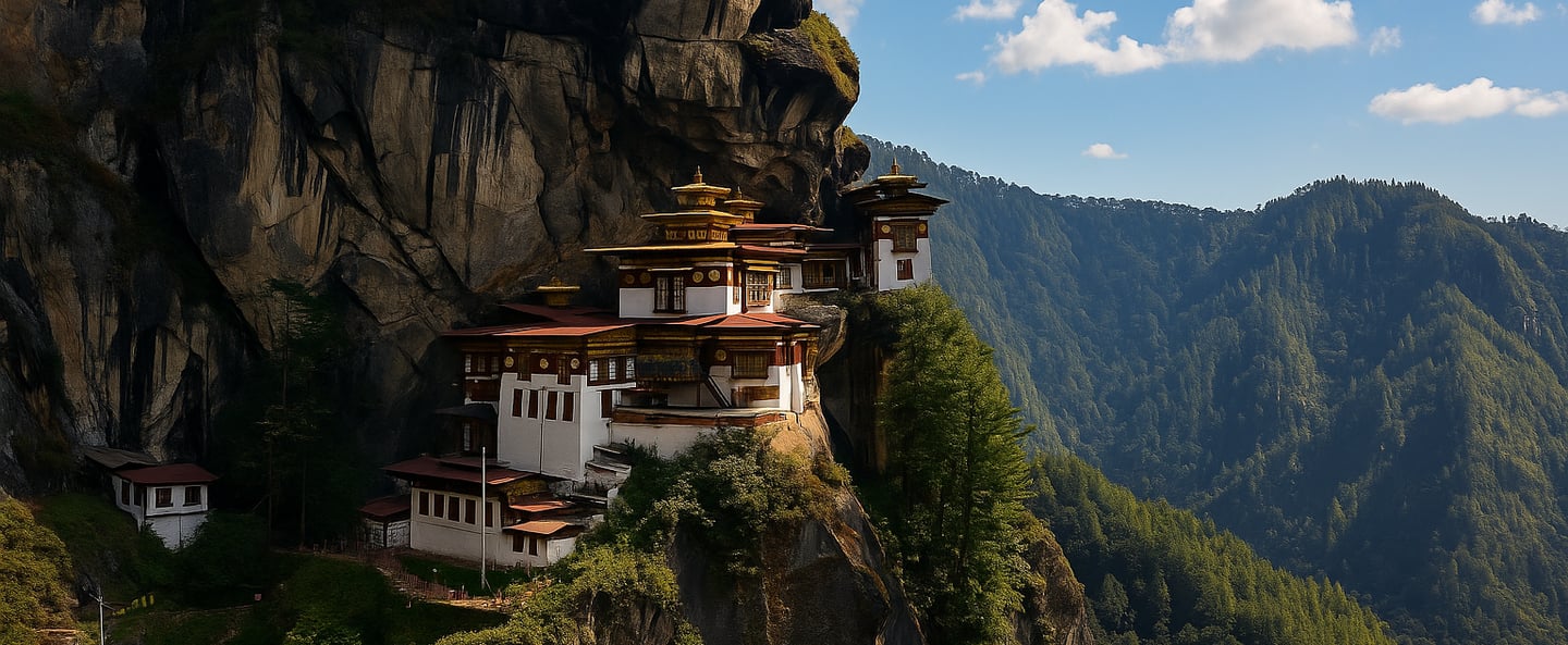 Paro Taktsang in Bhutan, a sacred cliffside monastery with lush forests and mountain views