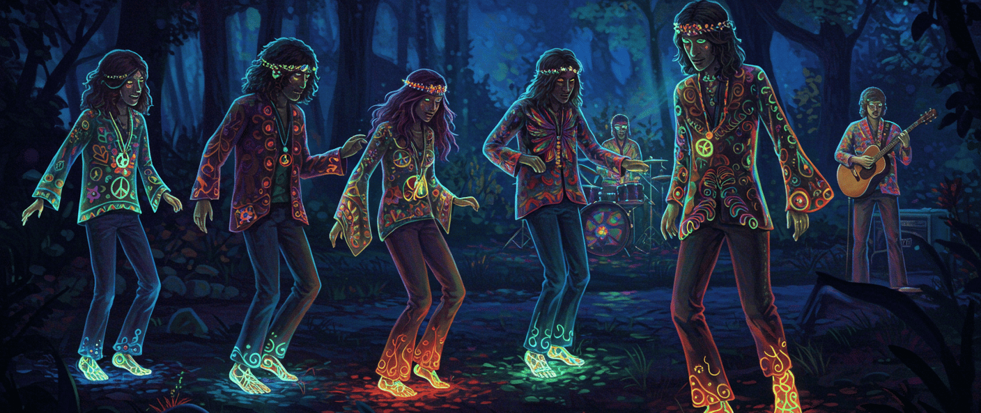 Glowing Hippy Band Group Dancing barefoot