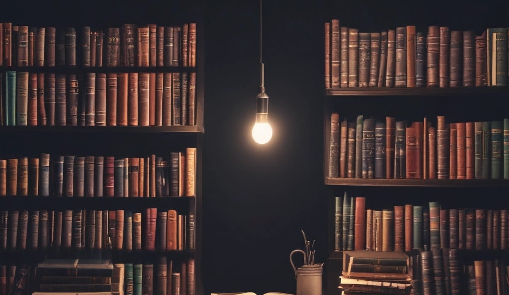 A bookstore with shelves filled with a variety of books arranged neatly. There is a table in the foreground stacked with several different books with colorful covers, featuring notable authors and titles. Books are stacked both vertically and horizontally, showcasing different genres.