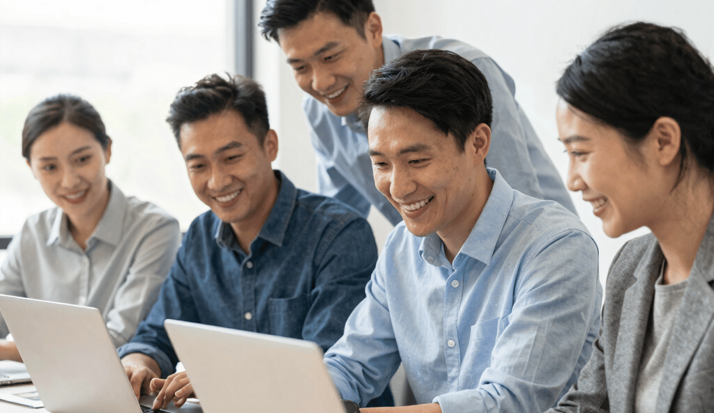 A friendly team collaborating over laptops in a bright, modern office space.