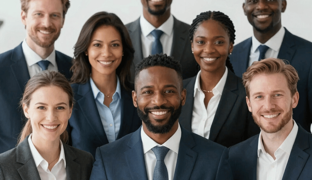 A vibrant gathering of French and Gambian professionals sharing ideas in a modern conference room.