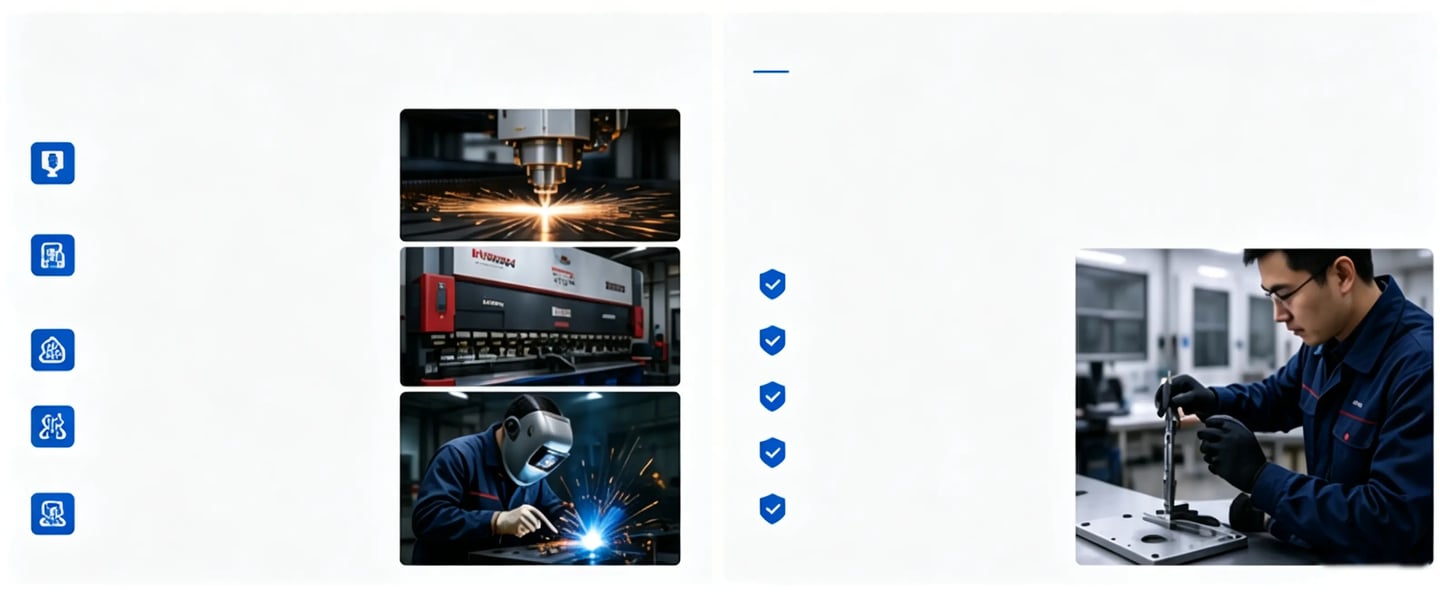 Industrial manufacturing process showing laser cutting, metal bending, welding, and quality inspection.