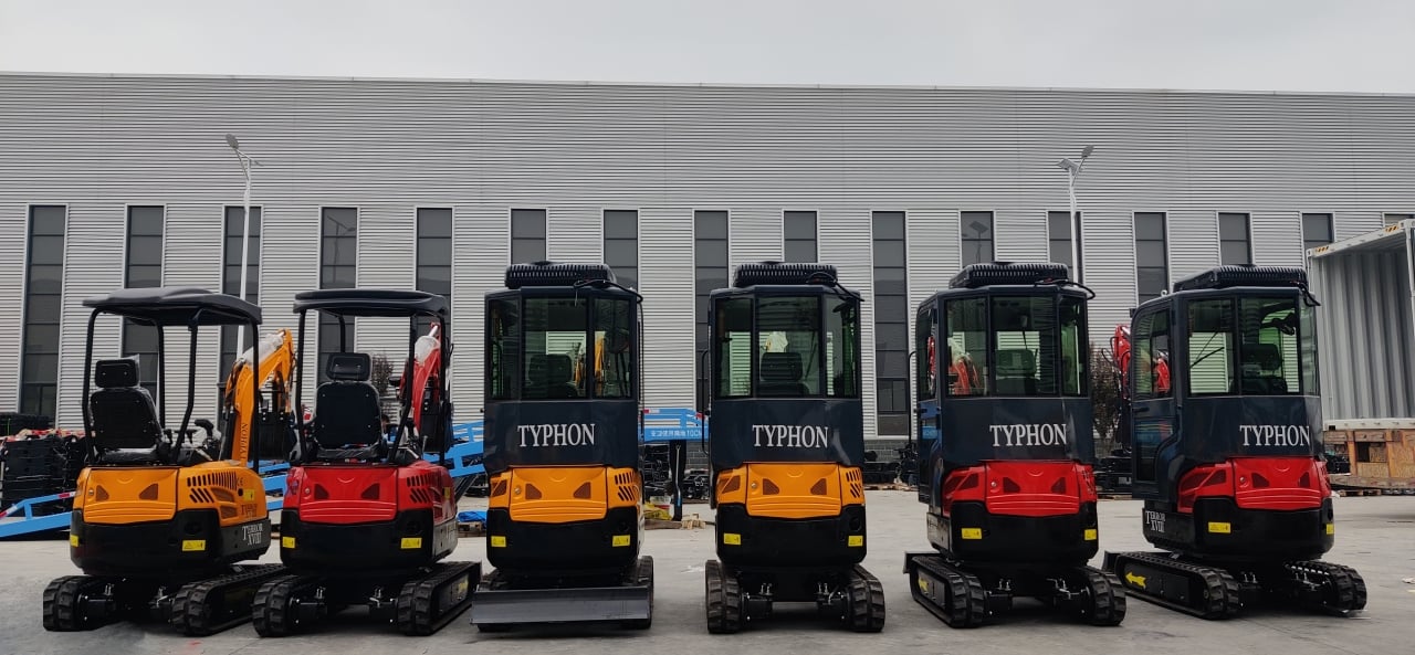 mini excavators in rows
