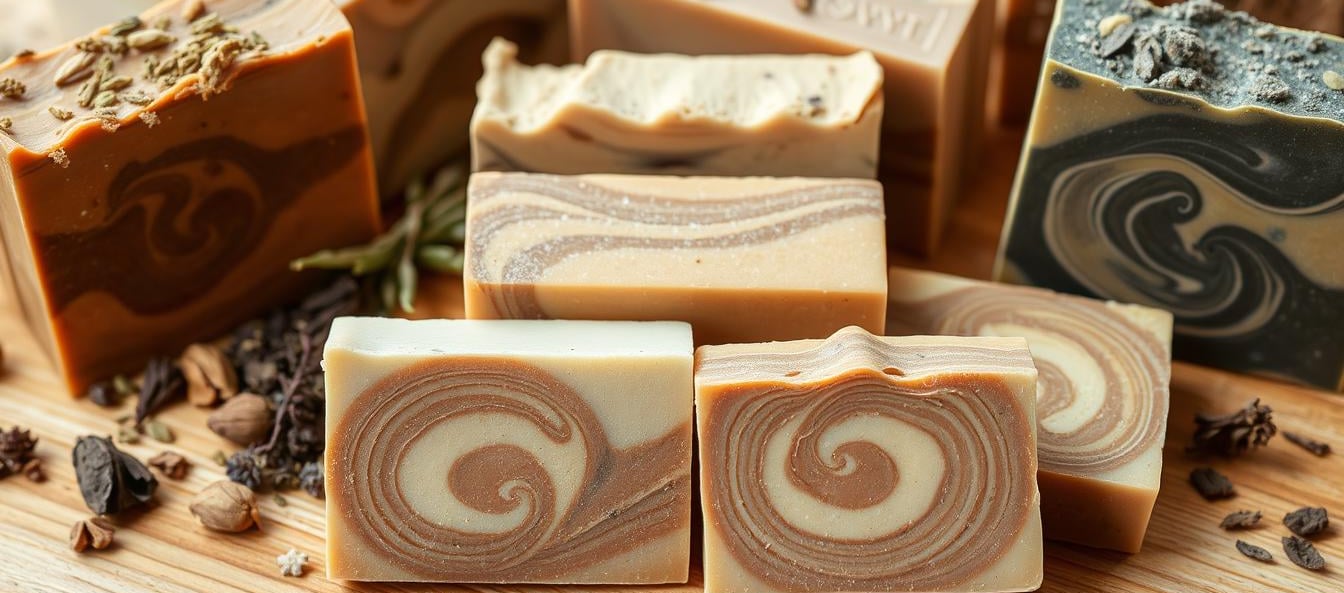 swirled homemade soap with botanicals around it, 