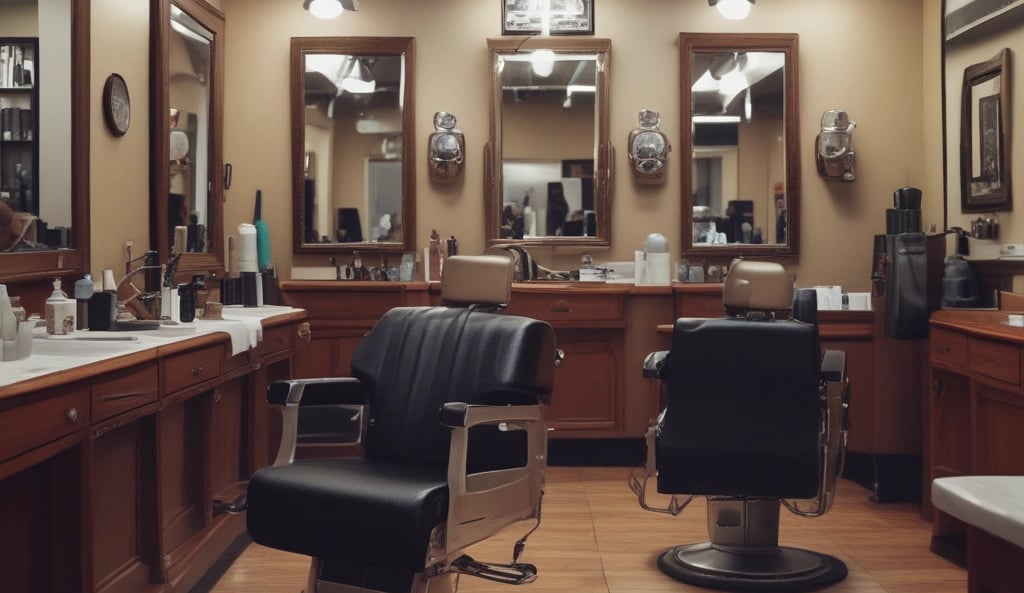 A vintage barbershop scene with a barber cutting a customer's hair. The shop interior features a simple setup with mirrors and shelves lined with various grooming products. The entrance door has Chinese characters on it. The atmosphere is classic, reflecting an old-fashioned style with wooden elements and a tiled floor.
