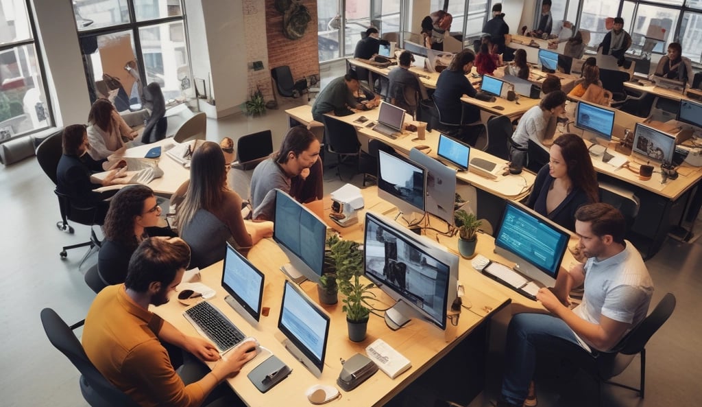 A diverse team collaborating over laptops in a bright, modern office space filled with technology and creativity.