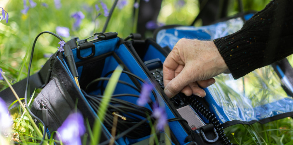 “Field recording equipment in the grass among wildflowers in Tayvallich.”