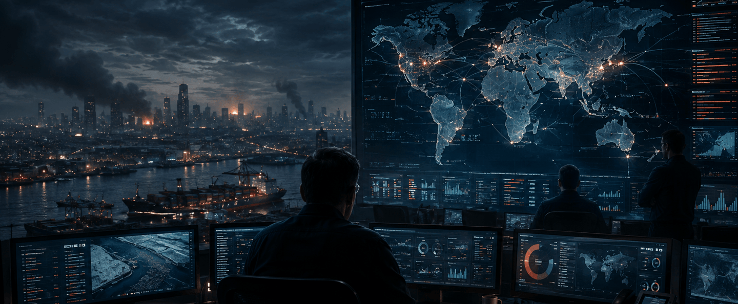 A global security operations center monitoring a digital world map and city surveillance data.