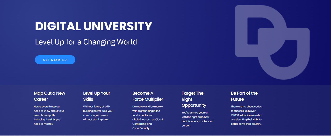 Front page to an educational website Digital University
