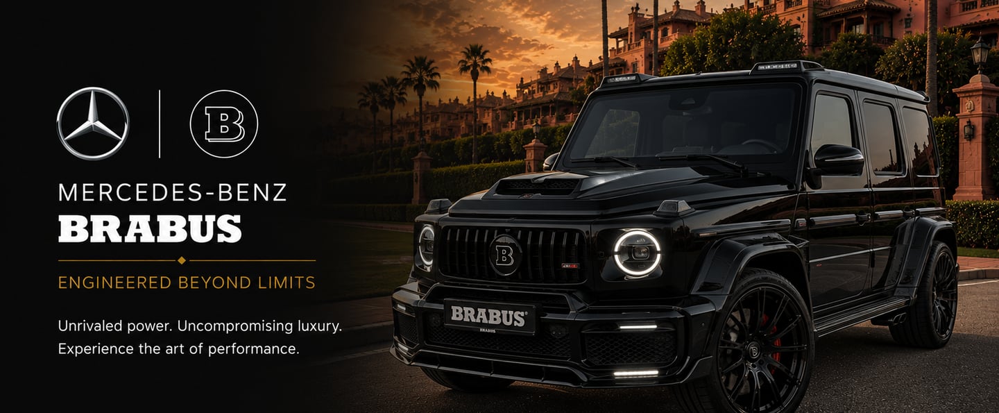 A black Mercedes-Benz Brabus G-Wagon luxury SUV parked at sunset in front of a Mediterranean villa.