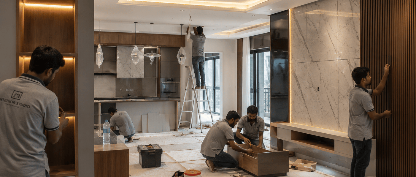 Professional interior designers and contractors installing custom furniture and lighting in a luxury home.