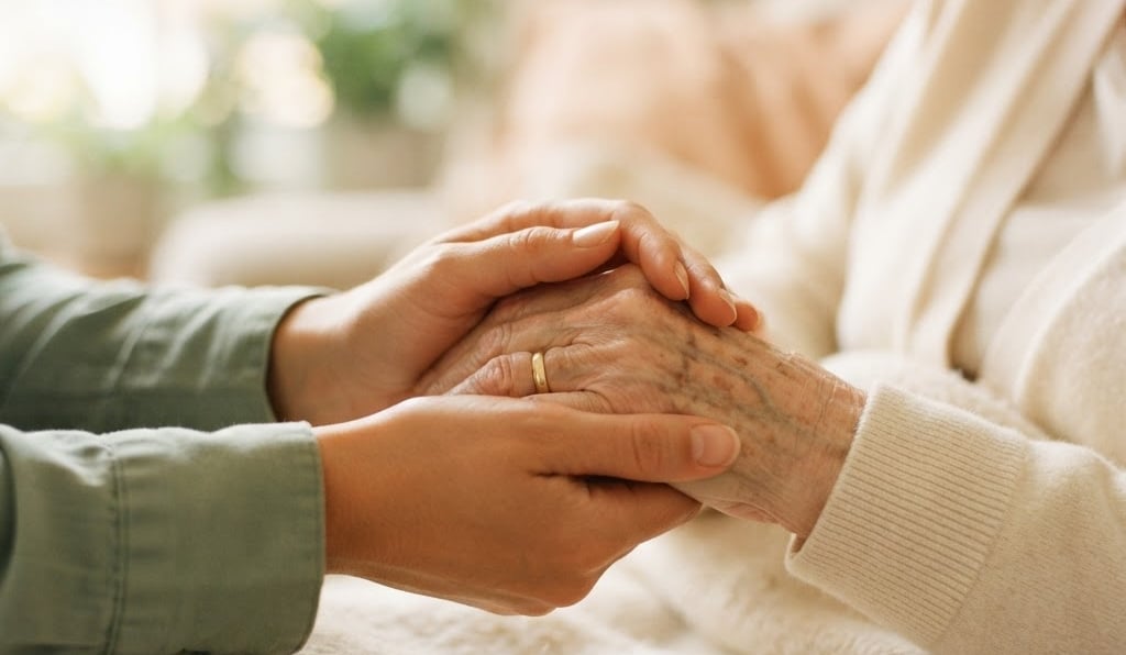 Close-up of a caregiver's hand gently holding an elderly person's hand, warm morning window light, rich cream and sage tones, shallow depth of field, 35mm