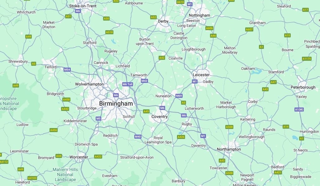 map of midands, UK