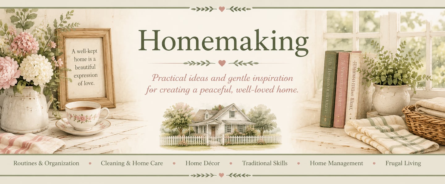 Vintage homemaking banner featuring a cottage illustration, flowers, and tips for home management and decor.