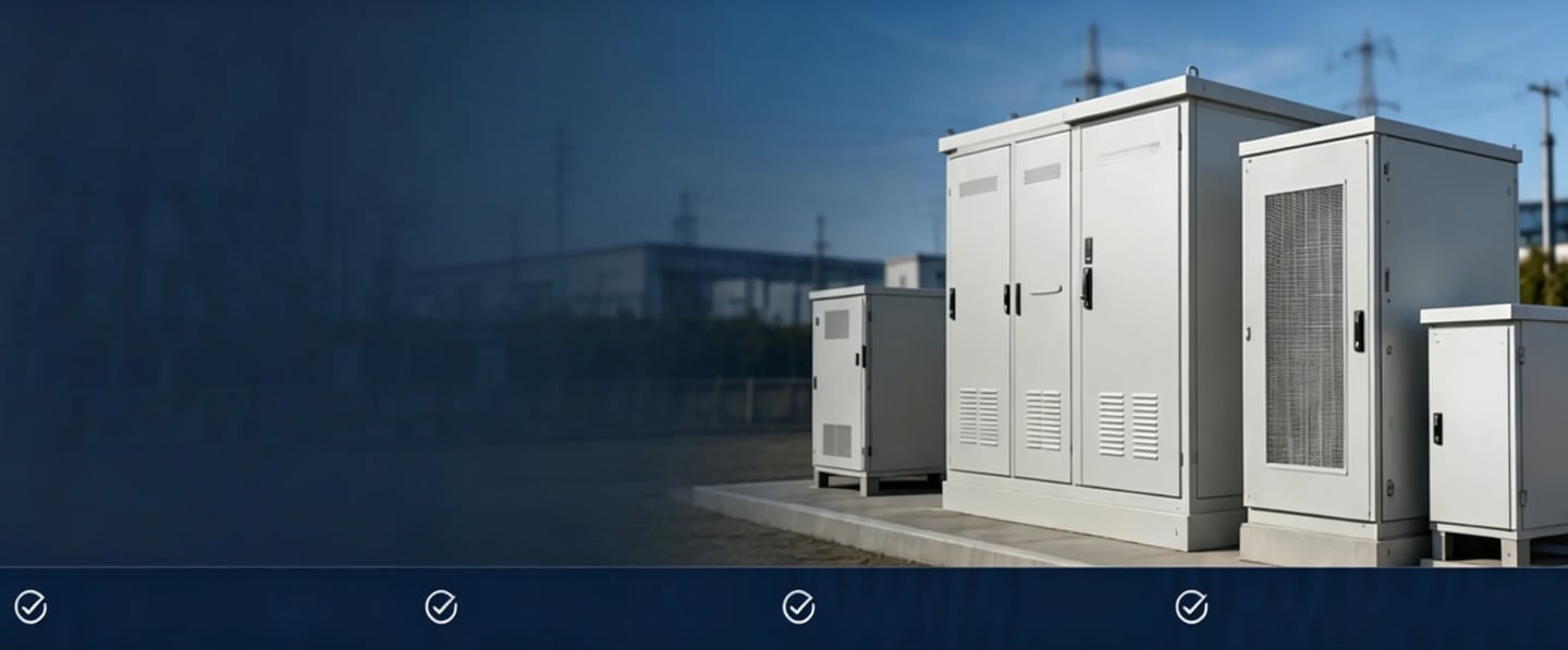 Industrial electrical enclosures and outdoor power distribution cabinets at a utility substation.