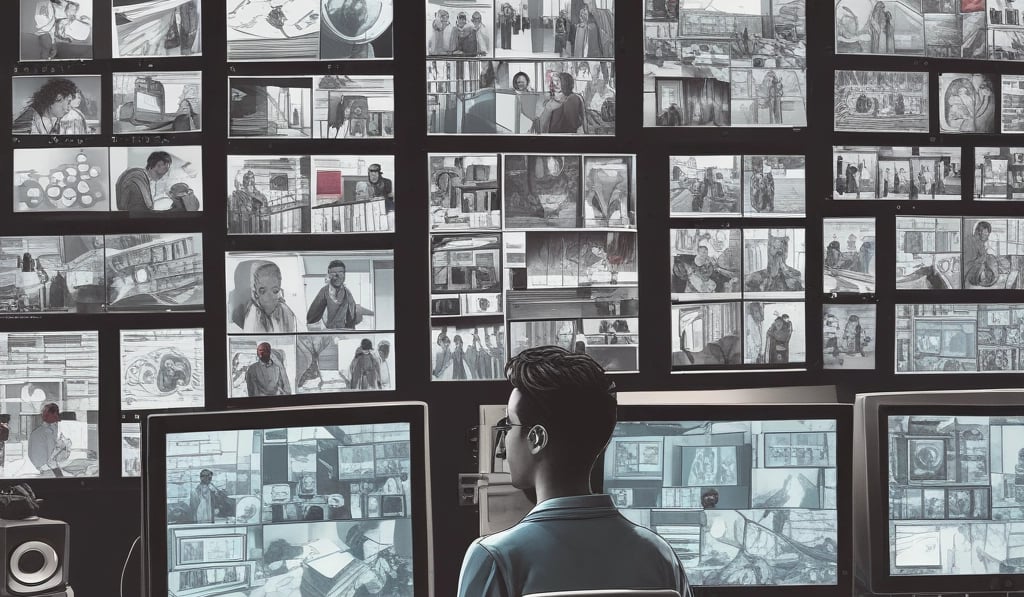 A sleek, futuristic workspace glowing with vibrant neon colors, showcasing a team collaborating on digital projects.