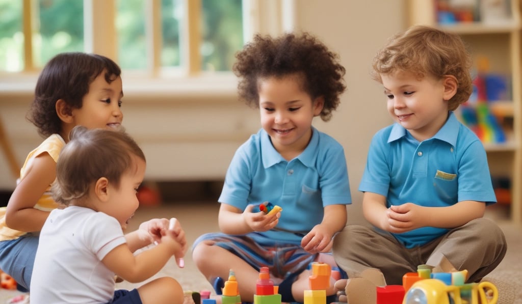 A diverse team collaborating around a laptop with blue and electric blue accents in a modern office.