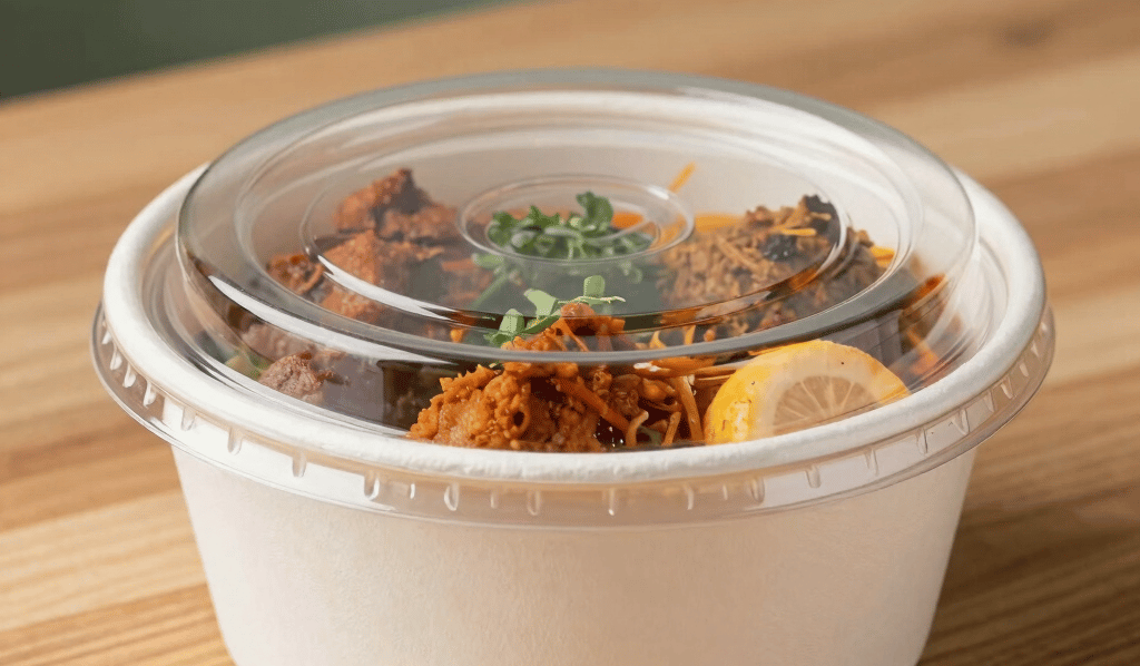 A close-up shot of a pristine, modern eco-friendly paper bowl filled with fresh Indian food, sealed with a clear leak-proof lid, sitting on a natural wooden tabletop. Clean, hygienic presentation, bright studio lighting, subtle green accents, South Asian / Indian context.