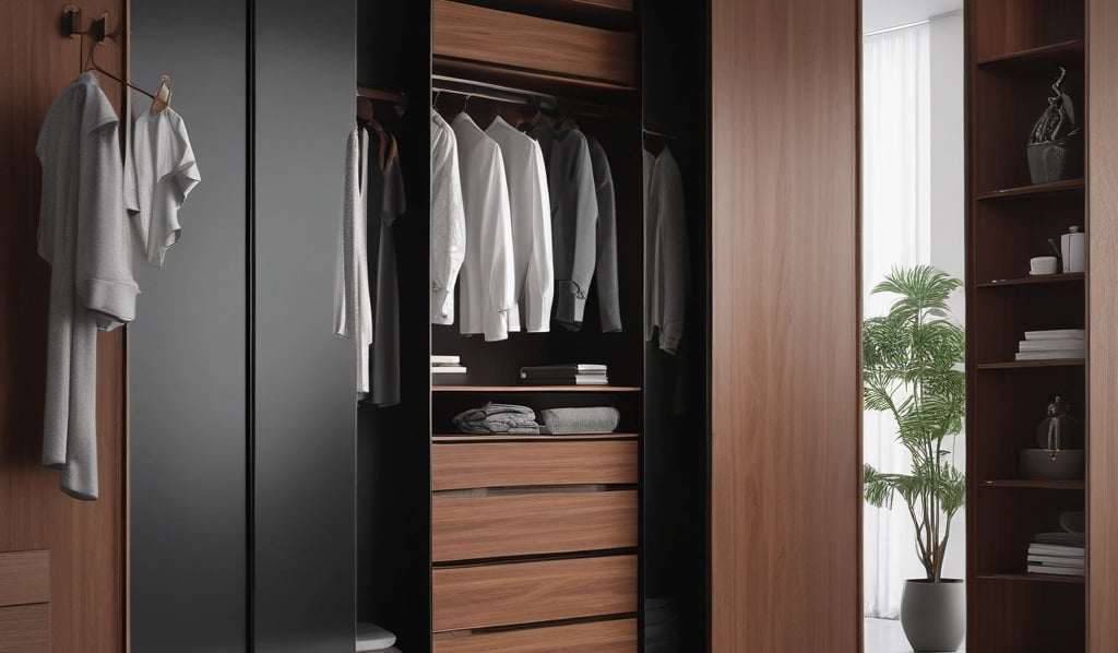 An interior setting with wooden walls and beams, displaying a rustic and cozy atmosphere. There is a wooden shelf holding various items including a lantern, a bottle, and a decorative object. A wooden bed with cushions is visible, along with a hanging fabric organizer featuring a rope design.