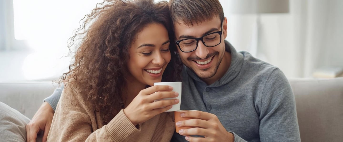 Casal sorrindo no sofá tomando café em curitiba, livre de impurezas e defeitos