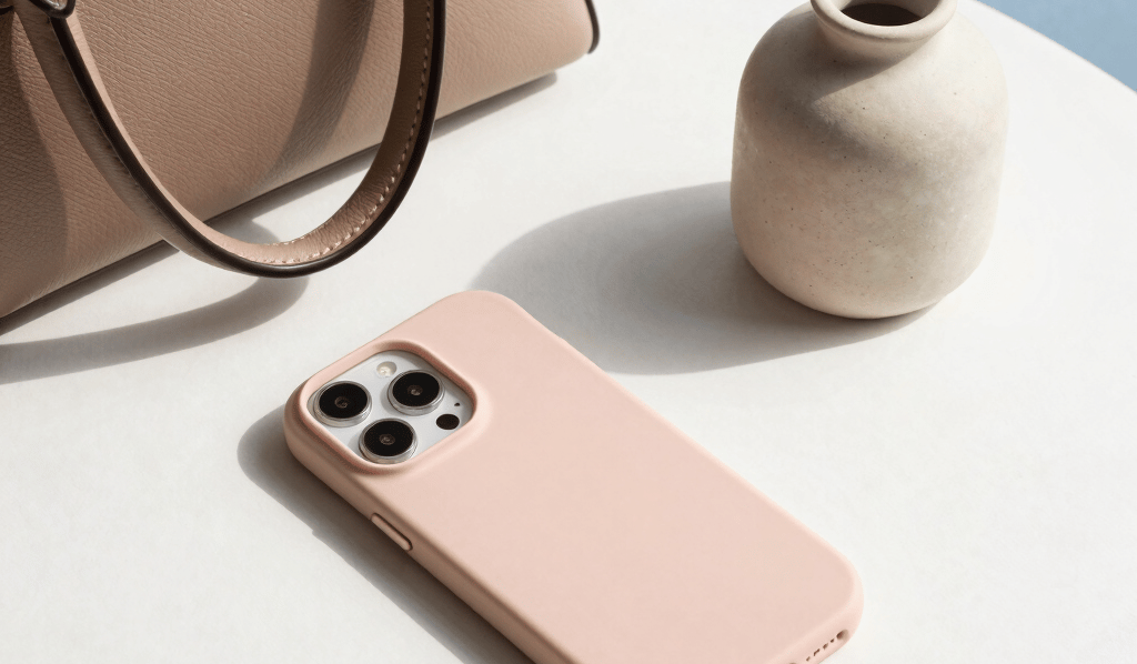 An aesthetic flatlay of trendy fashion accessories and home essentials on a white surface with breezy sky blue accents. A chic handbag, a cute pastel phone case, and a tiny minimalist vase. Soft natural lighting, premium and clean, North American trendy demographic.