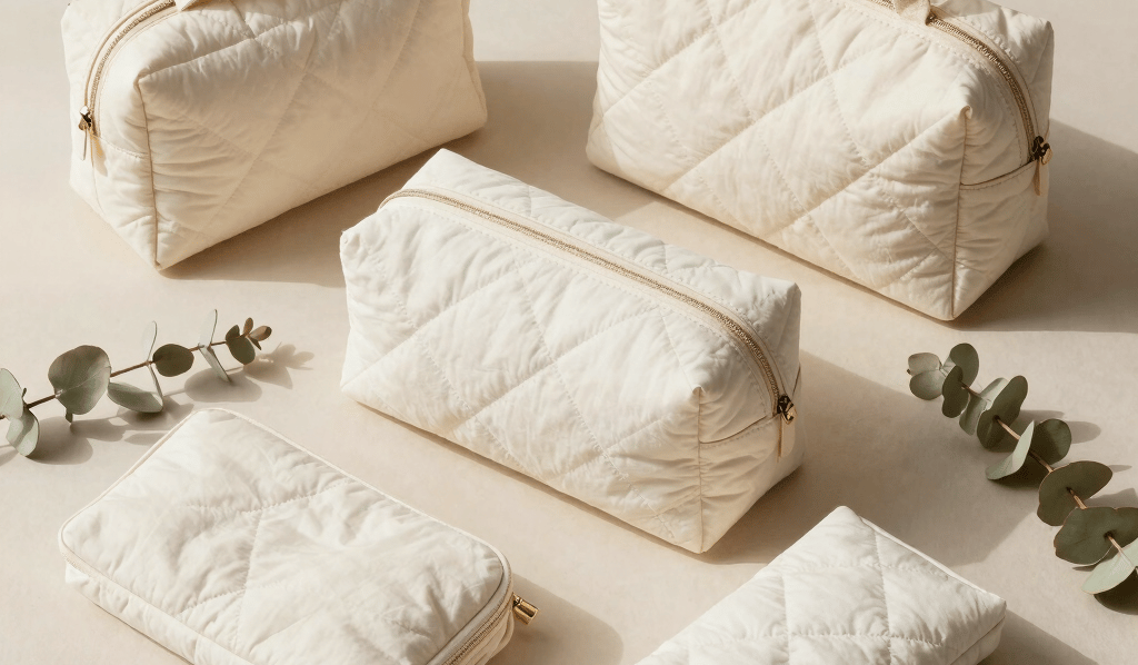 A high-end flat lay photography of premium cotton quilted toiletry bags, travel organizers, and cosmetic pouches in soft off-white and warm cream. Styled with dried eucalyptus branches on a pale sand background. Natural morning sunlight casting soft shadows. Elegant, minimalist aesthetic, designed for Global Premium / North American and European Retailers.
