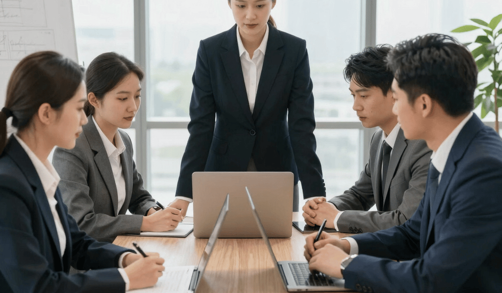 A professional consultant discussing financial plans with clients in a modern office setting.