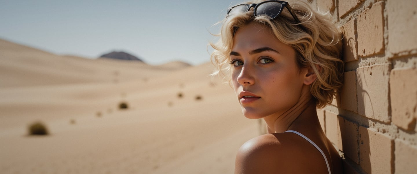 a woman with blonde hair and sunglasses on a desert