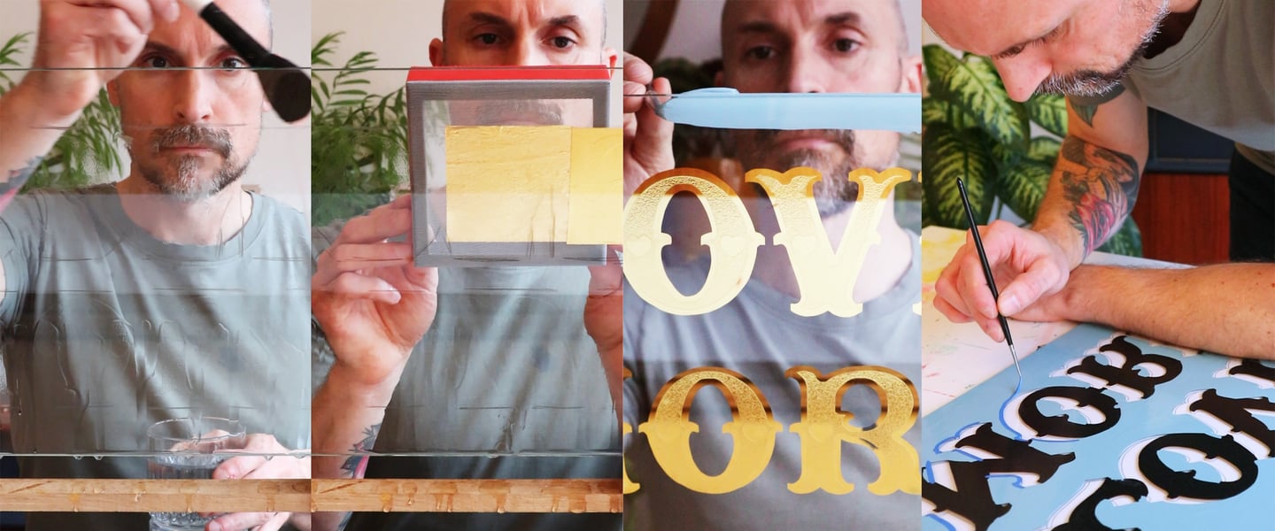 Gold leaf wall art, reverse glass sign writing and 23ct gold gilding typography sign