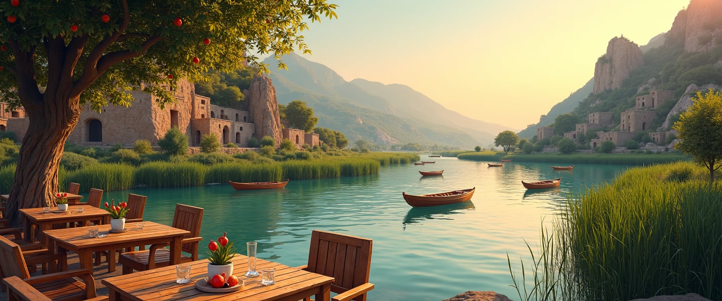 a table with a boat on the water