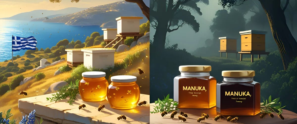Griechischer Honig links vs. Manuka-Honig rechts – Qualitätsvergleich