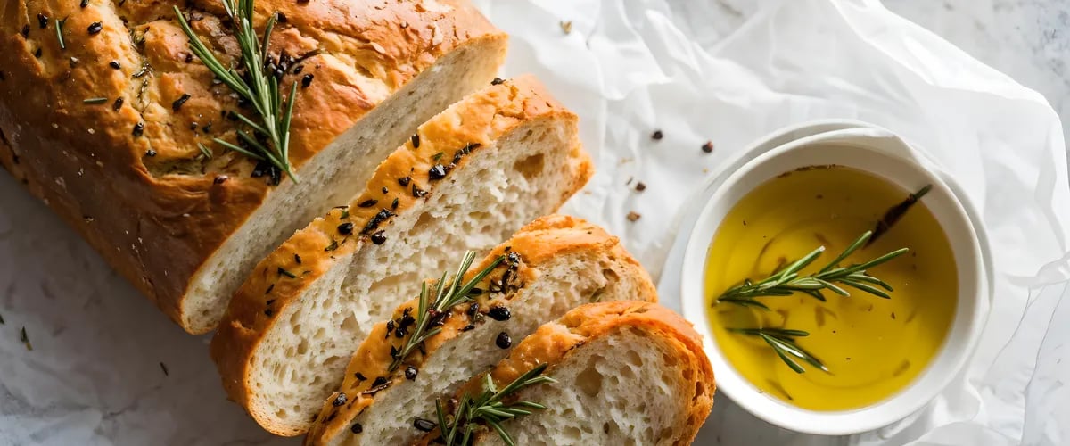 Frisches Brot neben einer Schale mit Olivenöl