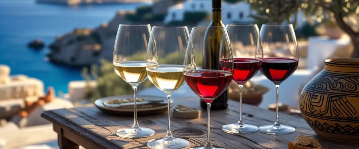 Fünf Gläser griechischen Weins – zwei Weißwein und drei Rotwein – auf einem Tisch mit Meerblick.