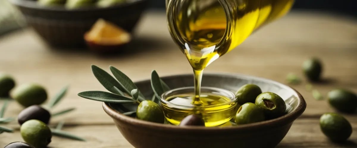 Frisches griechisches Olivenöl fließt aus einer Flasche in eine Schale – mediterrane Küche