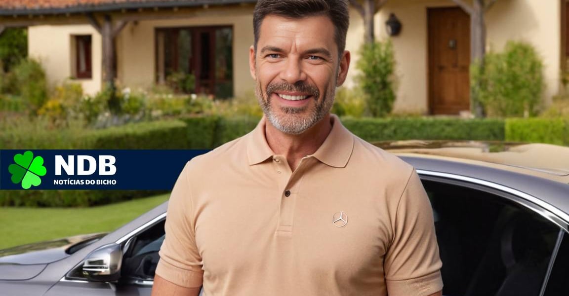 Homem bem-sucedido ao lado de carro e casa