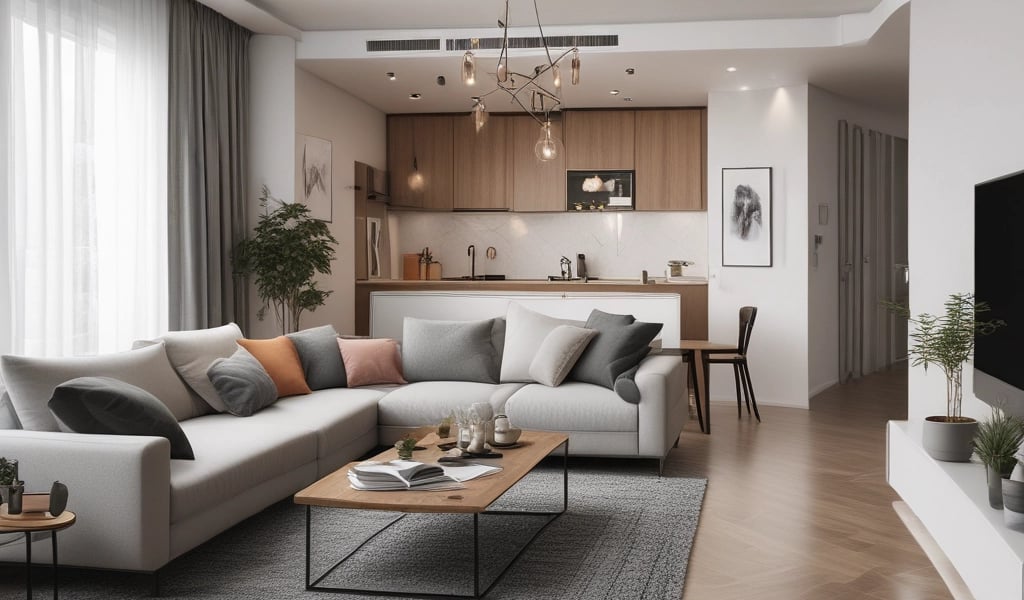 A cozy student apartment with a study desk and warm lighting.