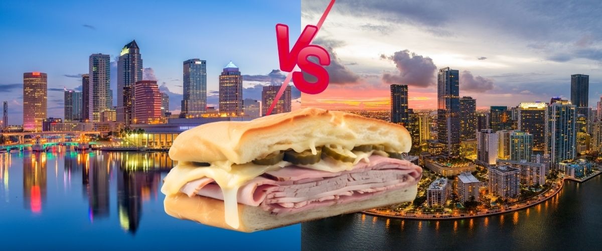 cities of tampa and miami with cuban sandwich overlay