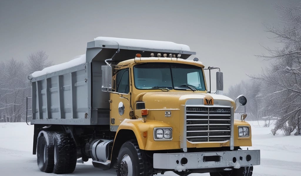A bright orange dump truck is positioned on a snow-covered landscape with its door ajar. The vehicle stands out starkly against the white background, with light tire tracks visible in the snow around it.